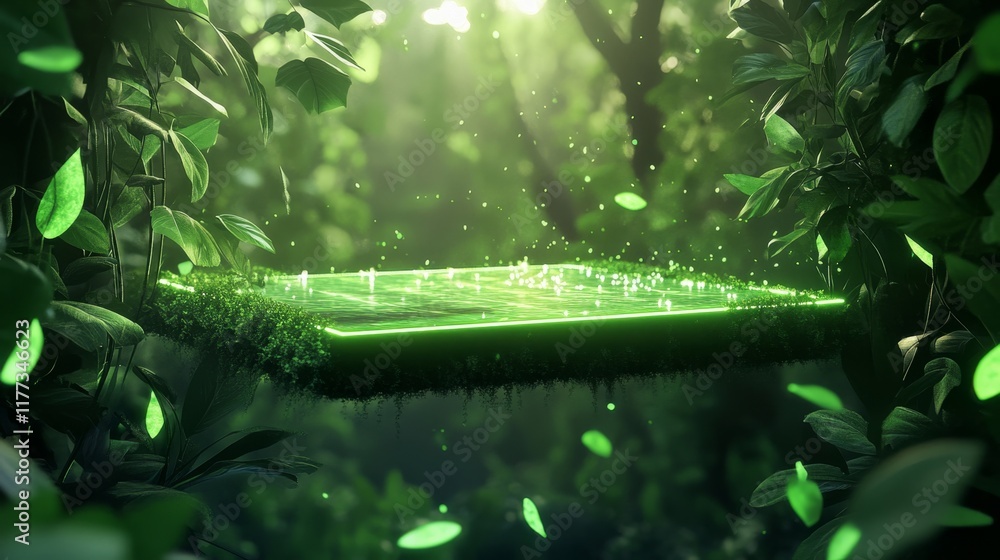 Poster eco-friendly floating display platform in futuristic green environment with glowing particles and lu