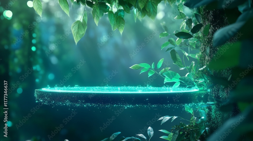 Poster eco-friendly floating display platform amid glowing particles and lush leaves on green gradient back