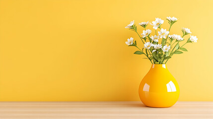 Yellow vase with white flowers on wooden surface against yellow wall; home decor, springtime, minimalist design, greeting card.