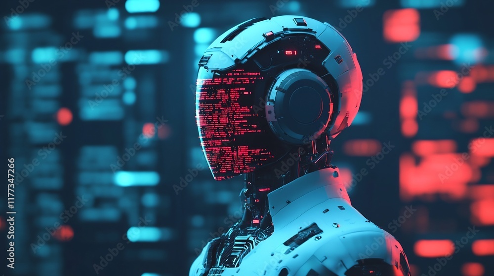 Poster advanced cybernetic agent surrounded by digital code and futuristic cityscape