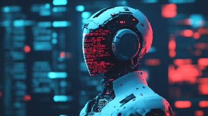 Advanced Cybernetic Agent Surrounded by Digital Code and Futuristic Cityscape