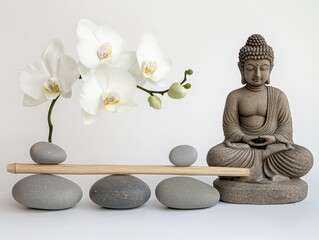 still life of buddha statue with white orchids and balanced stones on white background