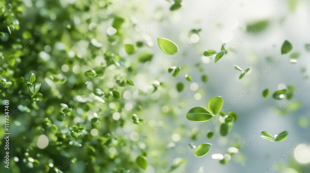 Poster luminous eco-friendly 3d presentation backdrop with floating green particles and dynamic organic sha