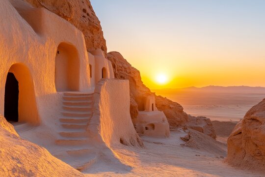 A view of Ksar Ouled Soltane in Tunisia, with its iconic stacked granaries glowing under the golden light of sunset, surrounded by vast desert landscapes