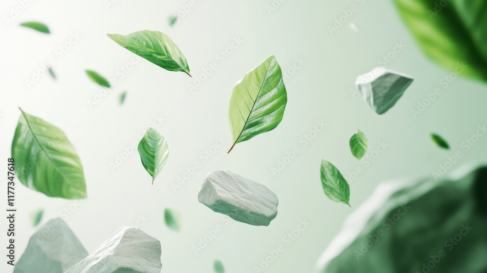 Poster eco-friendly 3d design with floating leaves and stone textures for presentation graphics.