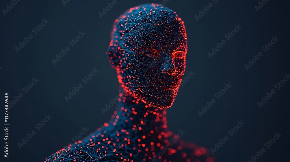 Poster glowing humanoid agent with flowing light neural network background