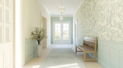Vibrant Indian-Style Modern Interior: Whimsical Hand-Painted Foyer with Wooden Bench and Ornate Overhead Lamp Cinematic Image