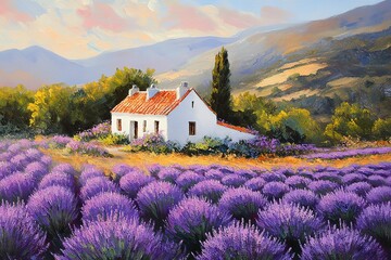 A Peaceful Lavender Field with a Country House at Sunrise