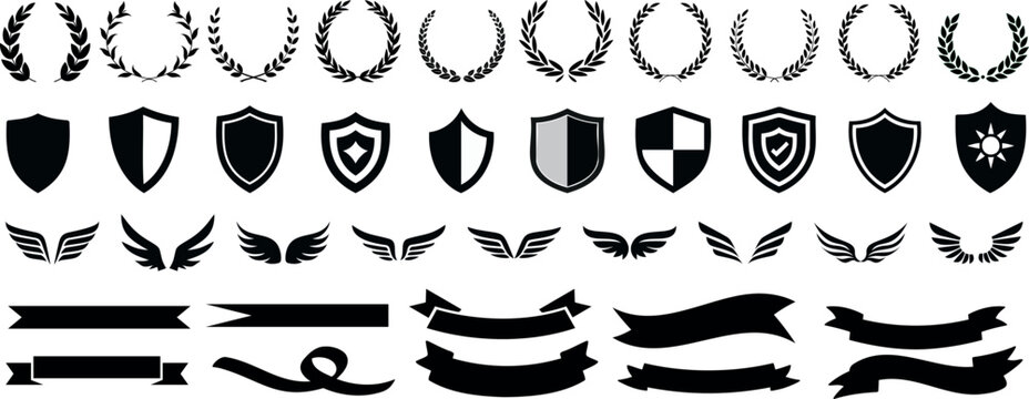 Laurel wreath, shield, wing, ribbon, and banners vector set. Laurel wreaths, shields, wings, ribbons illustration for awards, heraldry, logos, badges, and branding designs - Powered by Adobe