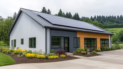 Modern Eco-Friendly Building with Solar Panels Surrounded by Lush Greenery and Colorful Flowers in a Scenic Natural Landscape