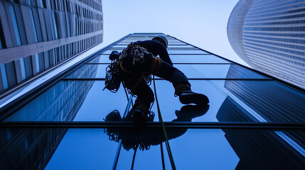 Rope access technician climbs tall skyscraper on foggy day, showcasing urban building maintenance