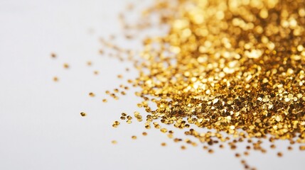 Scattered Golden Glitter Particles Over White Background with Copy Space