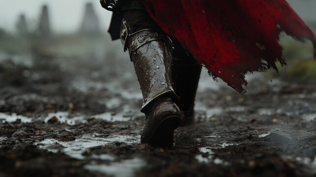 knight armored boot steps through muddy terrain, showcasing resilience and strength. red cape billows, adding dramatic flair to scene