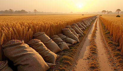 Fototapeta premium A crop field with bags ready for transport