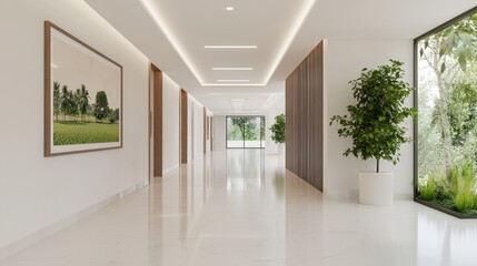 Obraz premium Serene Indian-Inspired Minimalist Corridor with Elegant Hanging Lights, Artistic Indian Countryside Scenes, and Luxurious Marble Flooring