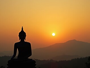 Serene Buddha statue silhouette against a vibrant sunset over distant mountains