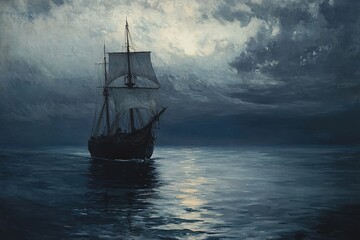 Obraz premium Majestic Sailing Vessel Under a Cloudy Moonlight Sky