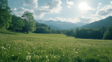 A serene landscape featuring a lush green field, trees, and mountains under a sunny sky.