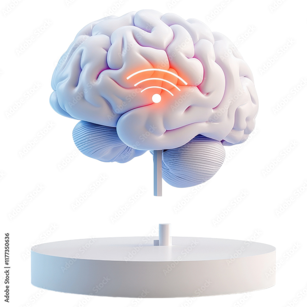 Poster 3d rendered brain with glowing wi-fi symbol on a circular base, symbolizing connectivity and technol