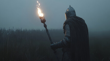 Obraz premium knight holding torch stands in foggy landscape, ready to march forward. atmosphere is mysterious and evokes sense of adventure and bravery