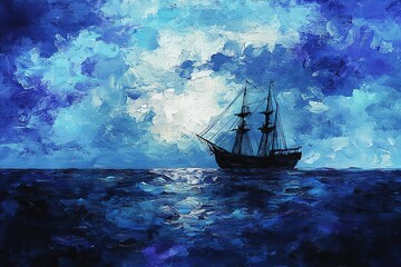 Dramatic Night at Sea: A Silhouetted Ship in a Stormy Sky