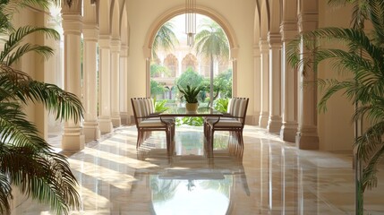 Fototapeta premium Opulent Indian-Inspired Formal Dining Room with Carved Arches and Modern Elegance, Cinematic Image