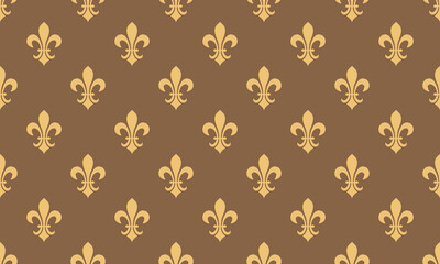 Elegant gold fleur-de-lis pattern on a brown background.  Perfect for wallpaper, textile design, or website backgrounds.  Sophisticated and classic design.