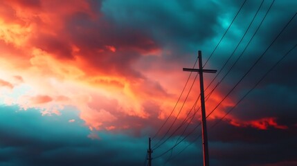 Obraz premium Dramatic Stormy Skies with Powerful High-Voltage Electrical Infrastructure