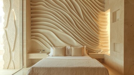 Elegant Indian-Style Modern Interior of Studio Apartment with Wavy Carved Partition and Luxurious Embroidered Bedding, Cinematic Capture
