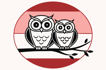 Owl Couple on Tree Branch Minimal Vector Illustration in Black and White