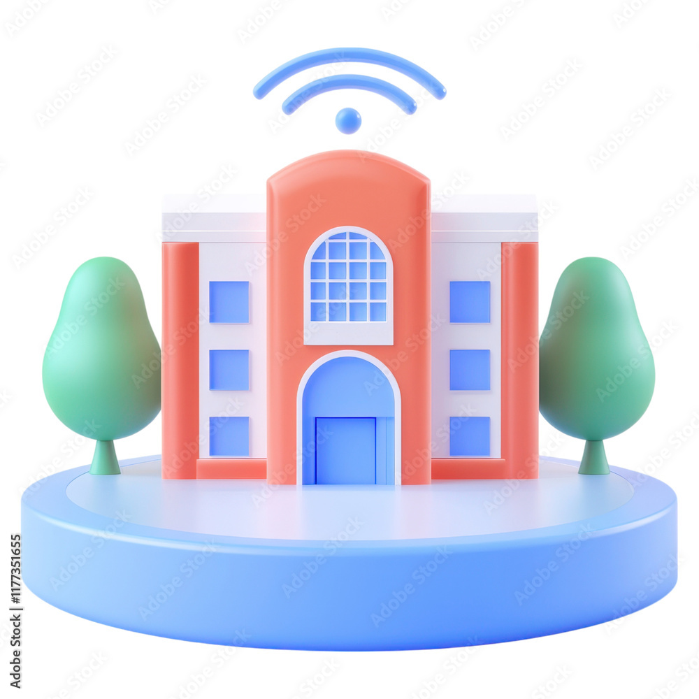 Poster 3d illustration of a building with wi-fi symbol and trees on a circular platform.