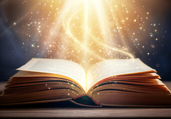 Open book radiates golden light and sparkles, creating a magical atmosphere