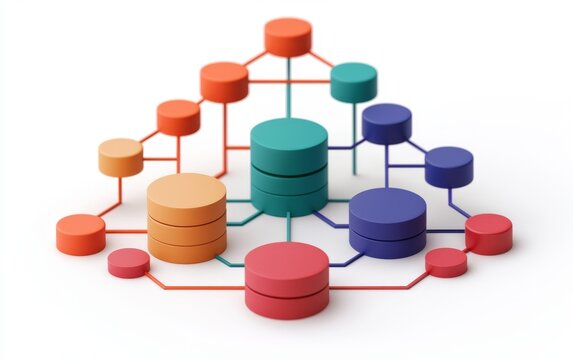 A colorful, abstract representation of data storage and connections, illustrating a network of databases and relationships.