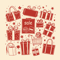 Shopping retail sale and discount doodle set isolated vector illustration isolated