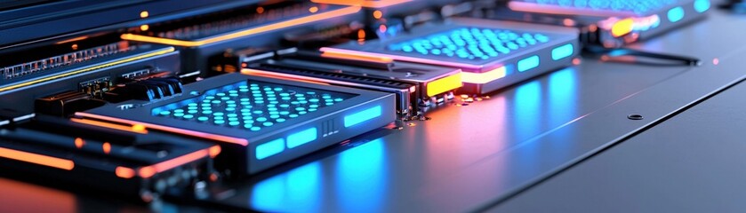 Colorful Futuristic Technology Circuit Board with Neon Lights and Glowing Elements