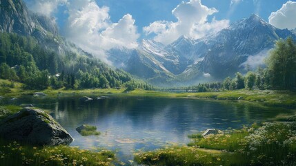 A serene landscape featuring mountains, a lake, and lush greenery under a blue sky.
