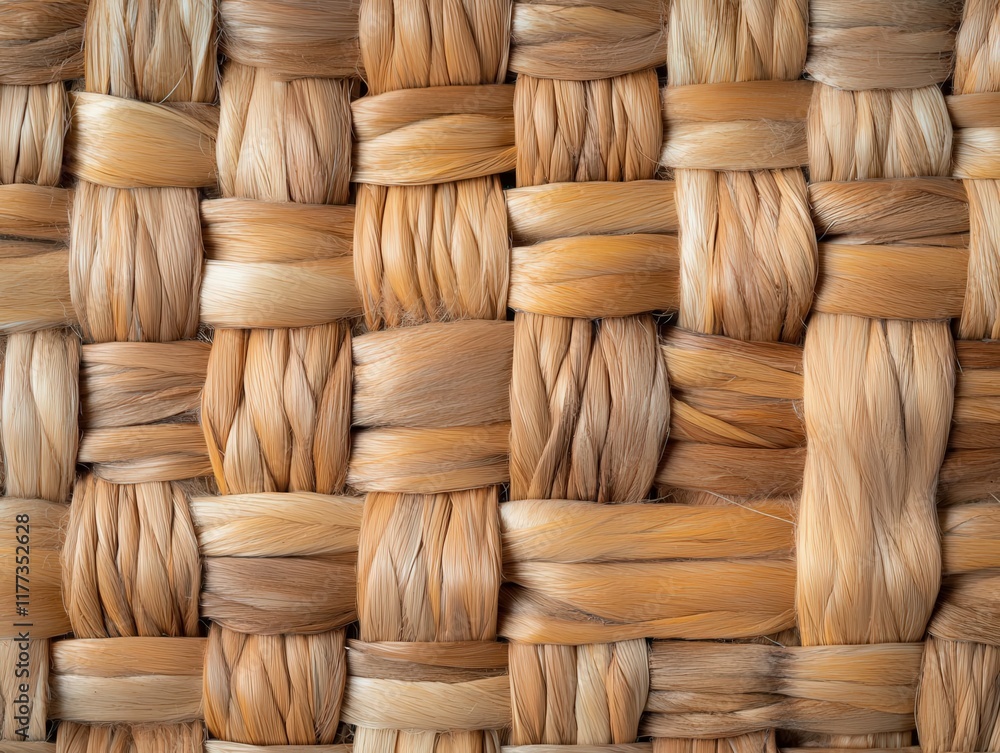 Poster detailed close-up of natural woven fiber texture with warm brown and beige strands displaying intric