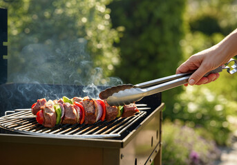 Cook using tongs to turn meat skewers on a barbecue grill in a garden