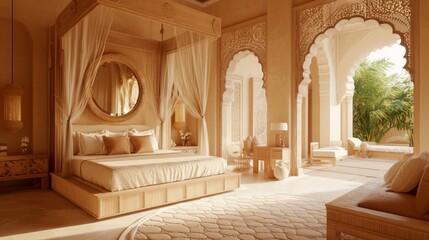 Opulent Indian-Inspired Master Suite with Canopy Bed and Lotus Motif Mirror, Luxurious Interior Design Cinematic Image