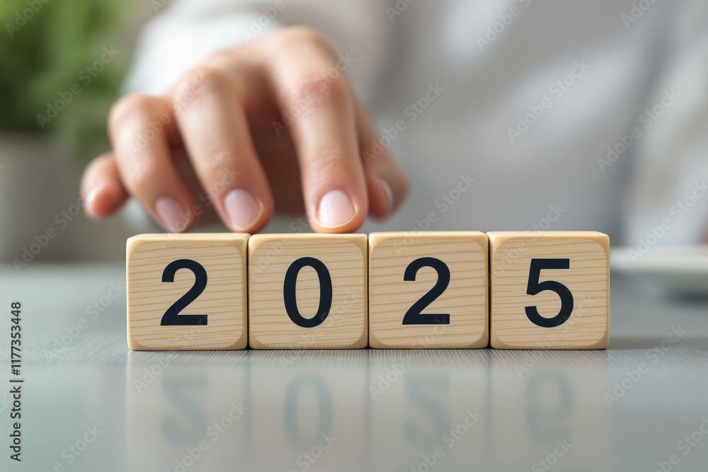 Poster wooden blocks displaying the year 2025 being rearranged on a reflective surface by a hand. bright ba