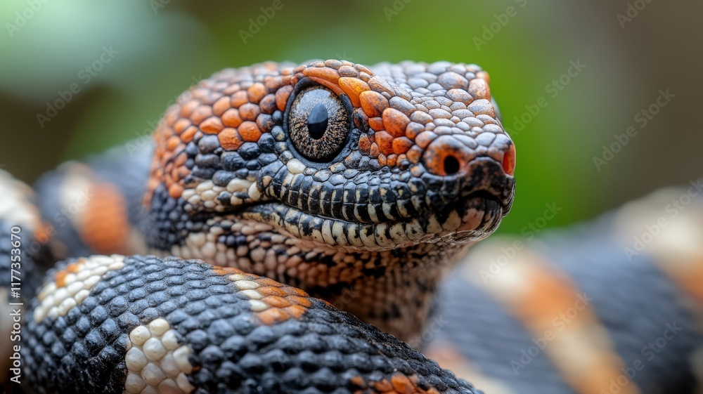 Poster close-up of colorful exotic snake showing intricate scale pattern with vibrant orange and black colo