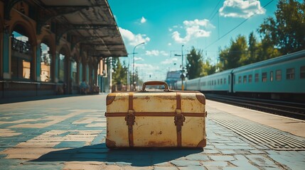 Traveling adventure vintage suitcase at train station daytime