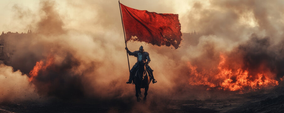knight gallops through smoke and flames, proudly holding red flag aloft. dramatic scene captures intensity of battle and spirit of bravery