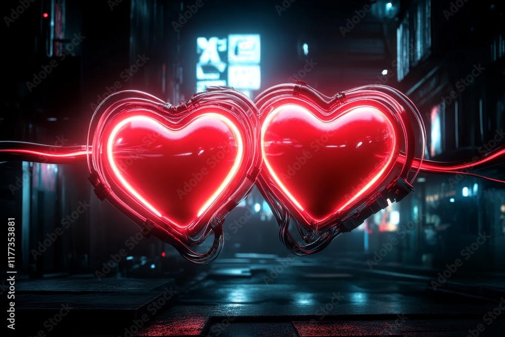 Poster two glowing cyberpunk-style hearts connected by pulsating neon wires, set in a futuristic cityscape 
