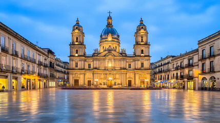 Obraz premium Majestic cathedral at twilight, reflecting in a tranquil square's polished stone. Stunning architecture, charming city scene.
