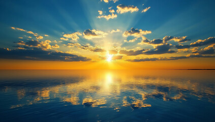 Fototapeta premium Sunset over the ocean with golden light reflecting on the water, creating a calming and picturesque moment.