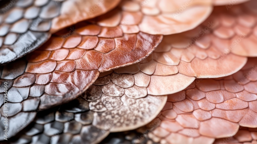 Poster close-up of colorful scales displaying texture and detail in natural pattern of fish or reptile skin