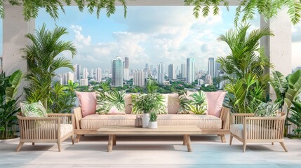Fototapeta premium Vibrant Indian-Style Terrace Garden Lounge with City Skyline Backdrop | Modern Interior Design Concept with Bold Cushion Prints and Teak Coffee Table