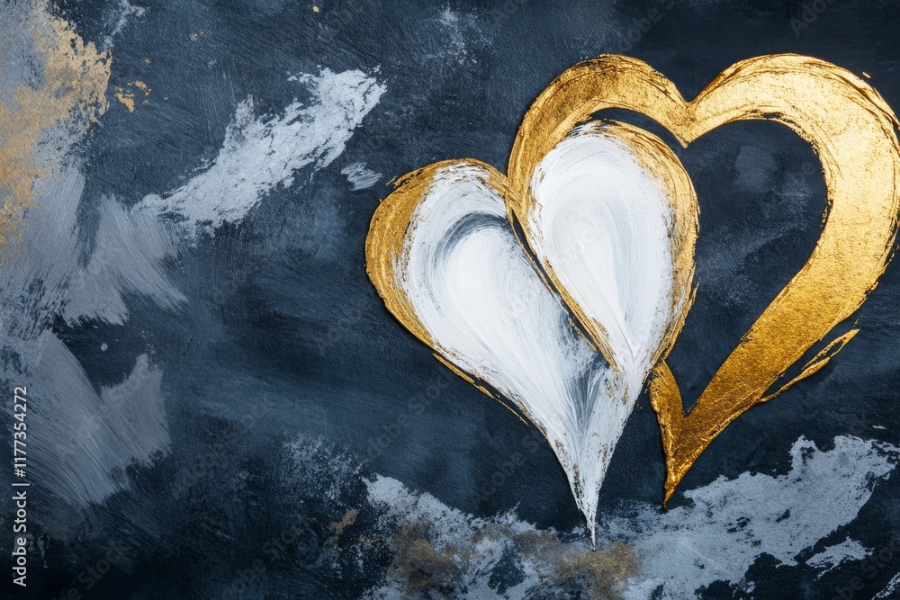 Poster two heart outlines sketched in gold and silver, drawn with sharp, clean lines on a dark grey backgro