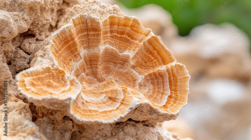 Poster beautiful natural orange fossil shell on rocky surface with intricate patterns and textures in a bri